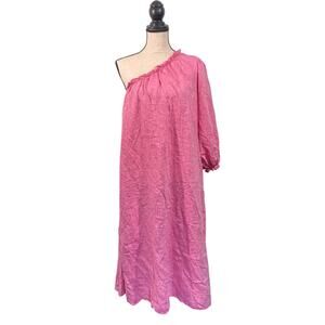 LAKE Milly Zinnia Pink 100% Linen Quarter Sleeve One Shoulder Midi Dress Size XS